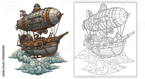 Detailed Steampunk Airship With Balloon and Clouds Fantasy Illustration
