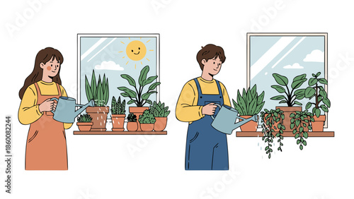 A happy duo enjoying the simple pleasure of indoor gardening, watering their diverse plants
