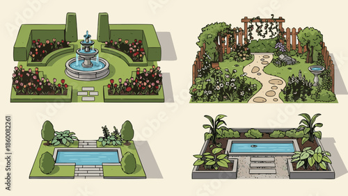 Diverse garden designs showcasing various landscaping styles and water features