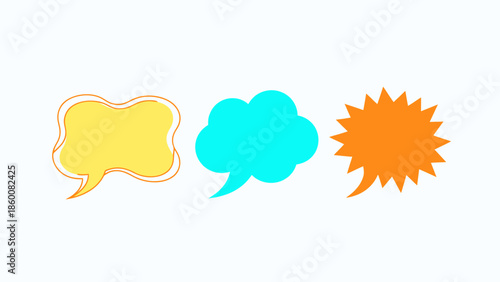 Three distinct speech bubbles with unique shapes and colors, representing communication and dialogue for graphic design purposes