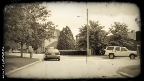 Vintage Look Cars & People on Street Intersection, Old Film Effect
