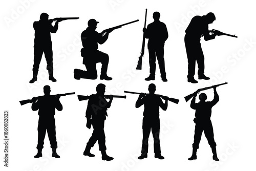 Silhouettes of hunters and shooters with rifles in various poses, isolated on white background