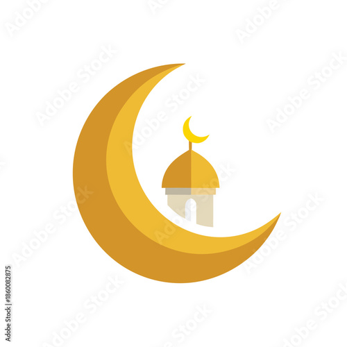 Golden Crescent Moon with Mosque Dome and Crescent Symbol on White Background Keywords: moon, crescent, mosque, dome, Islamic, architecture