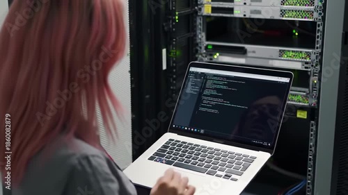 Woman Codes on Laptop in Server Room