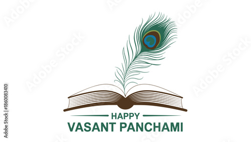 Happy vasant panchami illustration with open book and peacock feather symbol celebrating knowledge wisdom and hindu spring festival in india