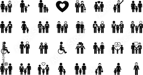 Happy multi generation family silhouette walking together in nature under large oak tree sunset including parents children and baby stroller