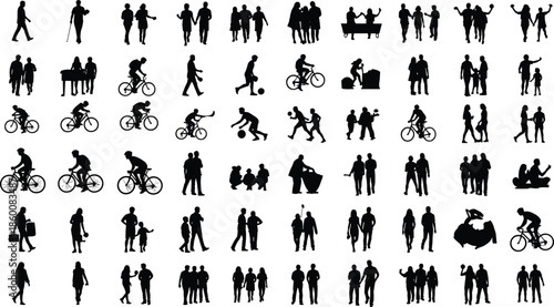 Large Collection Of People Silhouettes Featuring Diverse Activities Including Cycling Walking Couples Families Sports And Urban Lifestyle Elements For Graphic