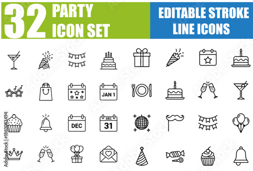 Party and Celebration Line Icons Set, Editable Stroke Vector Illustration of Birthday, Wedding, Dancing, New Year, Christmas, Event, Carnival and Holiday