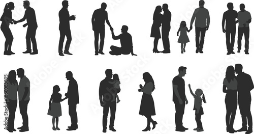 Large Silhouette Collection Featuring Diverse Families Couples And Individuals Engaged In Various Activities Like Cycling Walking Sports And Social Interactions