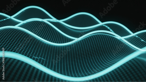 Glowing wavy mesh grid pattern with neon blue lines on dark background
