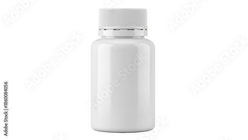 Generic white plastic bottle with ribbed cap for medicine or supplements, cut out, stock png, isolated on transparent background