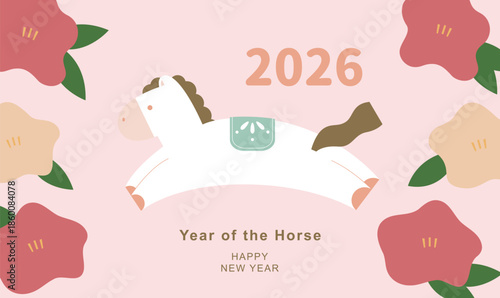 2026 Chinese new year illustration template with horse and camellia.
