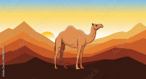 Camel Standing Alone in Desert Landscape at Sunset.