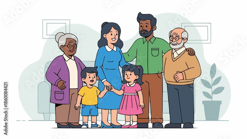 Diverse multi-generational family standing together happily indoors.