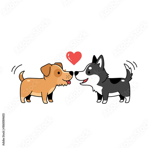 Two dogs facing each other with a heart above them in a simple illustration