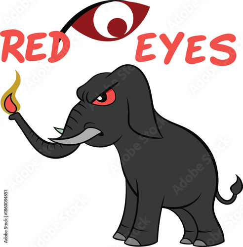 Cartoon elephant with red eyes holding a torch flame