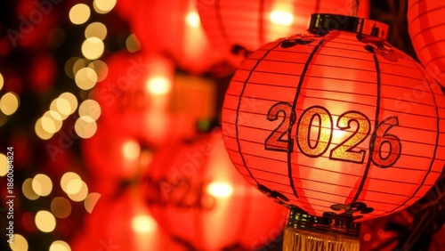 Wallpaper Mural Red lanterns displaying 2026 with bokeh lights background, close-up shot. Torontodigital.ca