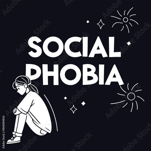 Illustration of social phobia and anxiety concept with isolated character