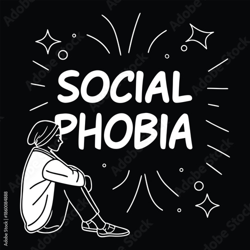 Illustration of social phobia and anxiety concept with person sitting alone