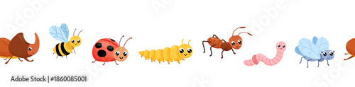 Seamless border with cute bugs. Childish endless pattern isolated on white background