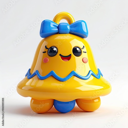 Cheerful cartoon bell with bow, rosy cheeks, and small legs
