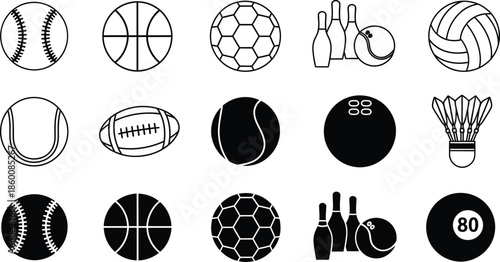 Sports Balls and Equipment Icons Collection illustration