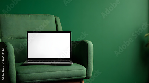 A laptop with a blank white screen on a green sofa and space for text. Illustration of a laptop mockup background.