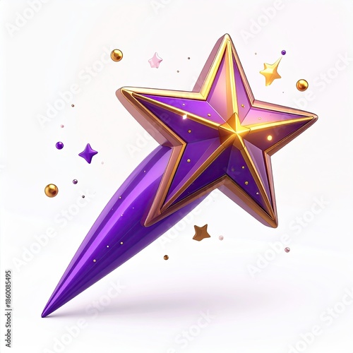 A 3D purple and gold star with a tail, surrounded by small embellishments