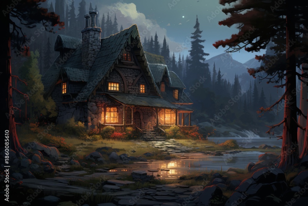 Obraz premium Stone cottage with glowing windows nestled in a tranquil forest setting at twilight, creating a cozy and inviting atmosphere