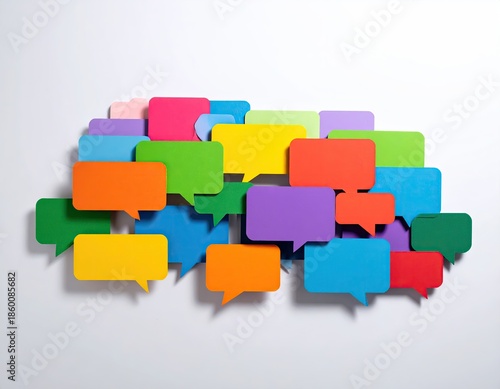 Colorful, layered speech bubbles, arranged in a cluster, on white background