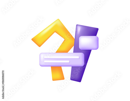 Illustration of exclamation mark and question mark with information symbol. Concept of questions and hints, answers and problems. FAQ or frequently asked questions. 3D style design. Yellow and purple