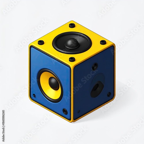 Isometric view of a modern, cube-shaped audio speaker with yellow and blue