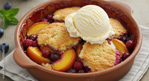 Warm Peach Cobbler with Vanilla Ice Cream.