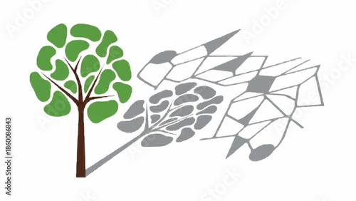 Conceptual illustration showing a green tree casting a shadow that transforms into abstract geometric shapes and leaf patterns on a white background.