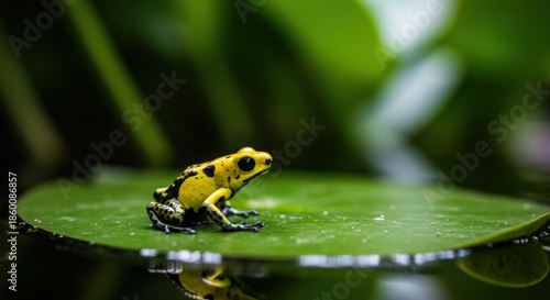 Yellow Poison Dart Frog on Lily Pad.