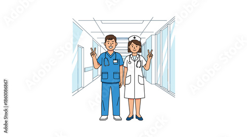 Healthcare professionals in hospital corridor