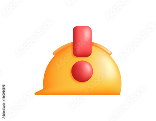 Illustration of a safety helmet with a red exclamation mark. Concept of technical problems, repair and maintenance notices. Warning signs in case of problems. 3D style design. Symbols, yellow