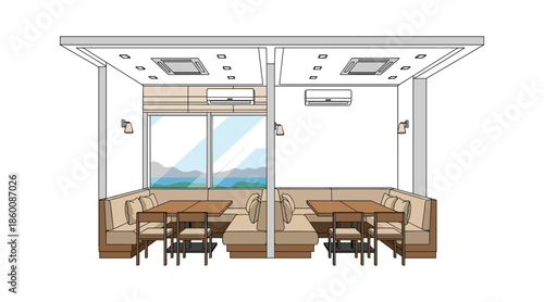 Modern indoor dining space with ocean view