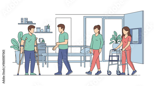 Patients using mobility aids in a therapy room
