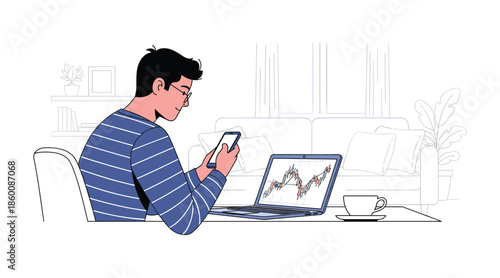 Man monitoring stocks on phone and laptop