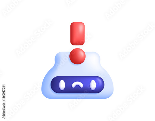 Illustration of a robot head with a red exclamation mark. AI error concept, a problem or damage to artificial intelligence. Bug detected. Warning and notification. 3D style design. Symbol, blue