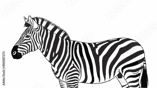 Simple black and white line art illustration of a zebra standing in profile, showcasing its iconic striped pattern on a clean white background.