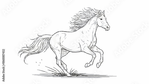 Dynamic black and white sketch of a wild horse galloping freely, with its mane and tail flowing in the wind, drawn with energy.