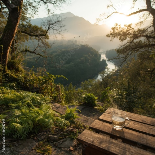 Morning tea overlooking a serene valley