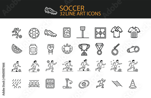 Soccer Line Art Icons Set With Ball And Players football sport