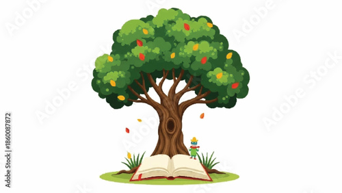Charming fairytale illustration of a large, wise tree with a hollow, sheltering a small character reading an open book underneath.