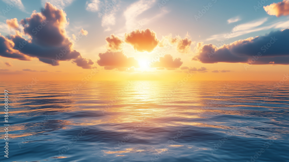 Obraz premium Golden sunrise emerging over a calm ocean horizon with soft clouds reflecting warm light on gentle waves, a peaceful and hopeful seascape mood. Concept of new beginnings freedom and mindfulness.