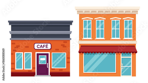 Vector illustration of a cafe shopfront and a retail store facade on a white background