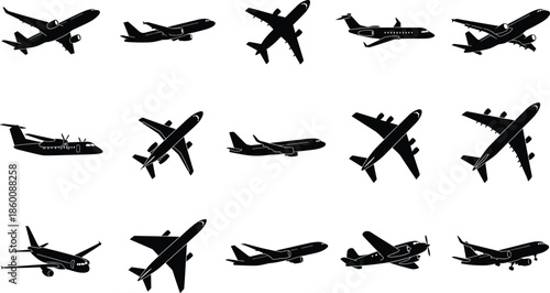 Airplane icon set, black vector style, aircraft silhouettes, commercial jet, cargo plane, military aircraft, aviation graphic, flight symbol