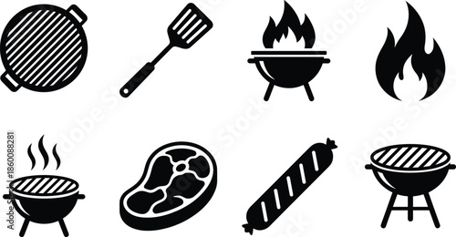 Barbecue icon set, black vector style, grill, spatula, flame, steak, sausage, clothespin, cooking graphic, outdoor food symbol